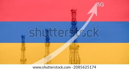 Graph of growth in the use of 5G technologies against the background of the Armenian flag and telecommunication towers.