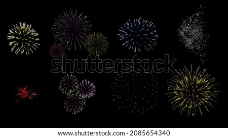 Set of fireworks isolated on black background. High resolution image