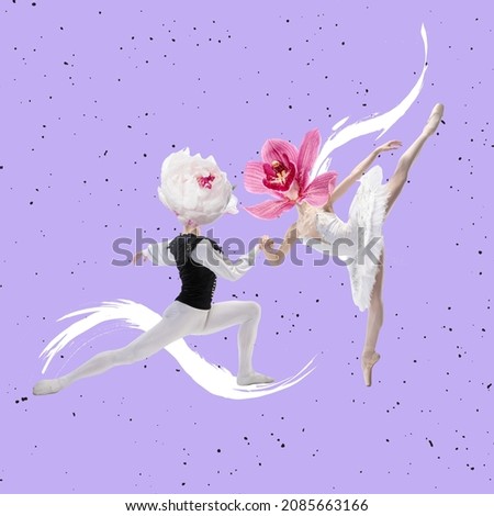 Contemporary art collage, modern design. Couple of dancers headed with flowers and plants on lilac color background. Surrealism. Art, beauty, grace, fashion and music. Copy space fro ad