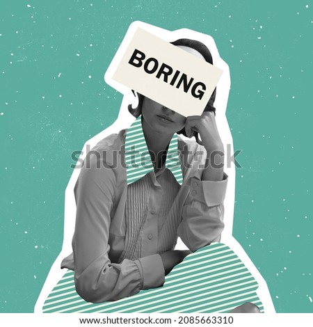 Contemporary art collage of woman in retro suit sitting in boredom isolated over green background. Text element on face. Concept of social issues, mentality, psychology, support. Copy space for ad Royalty-Free Stock Photo #2085663310