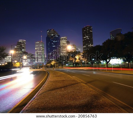 Houston skyline at night. Taken from Allen parkway bridge.