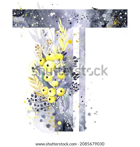 Watercolor Letter T «Shadows and sunlights». Colors of the Year 2021 - Ultimate Gray and  Illuminating Yellow. Yellow apples, grey blots and golden-white-yellow splashes.  Monogram T.