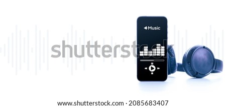Music audio equipment. Audio beats, sound headphones, music application on mobile smartphone screen. Recording sound voice isolated on white background. Live online radio player mockup banner