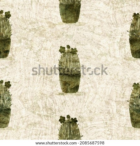 Desert plant on sand texture seamless raster pattern. Organic succulent foliage for tileable bohemian illustration backdrop. 