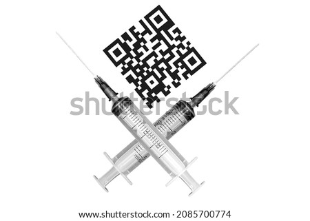 Crossed medical syringes on a white background. Drawn QR code on a white background.