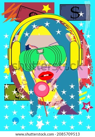 Girl with lollipop and sunglasses, listening music. Pop art background vector 