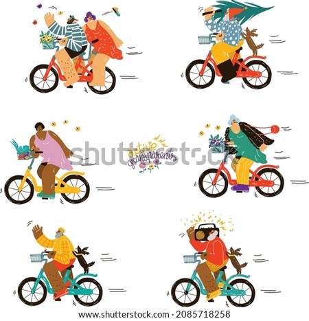 Set of active life grandparents characters on bicycles