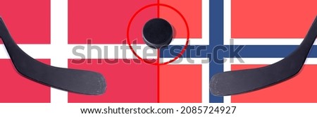 Top view hockey puck with Denmark vs. Norway command with the sticks on the flag. Concept hockey competitions