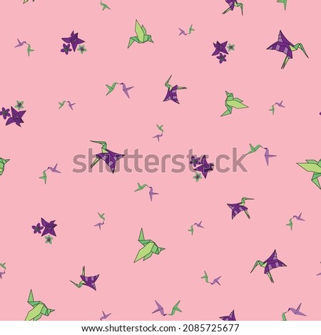 Vector Pink and Green hummingbird Origami birds background pattern