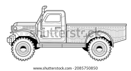 Cartoon coloring page for book and drawing. Funny vector illustration. Truck vehicle. Graphic element. Car wheel. Black contour sketch illustrate Isolated on white background.