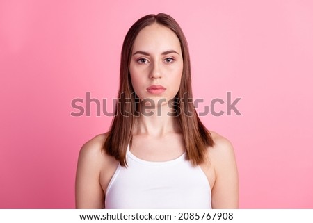 Photo of youth lovely girl confident calm beauty salon procedure cosmetology isolated over pink color background