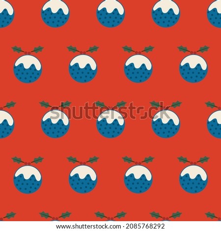 Seamless Christmas pattern with puddings on red background. Vector illustration. 