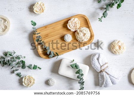 Spa composition flat lay on white background.