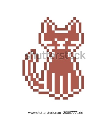 Pixel art gingerbread cookie cat decorated with white sugar icing, 8 bit food icon isolated on white background. Sweet spicy frosted biscuit. Edible ornament. Christmas dessert. Winter holiday pastry.