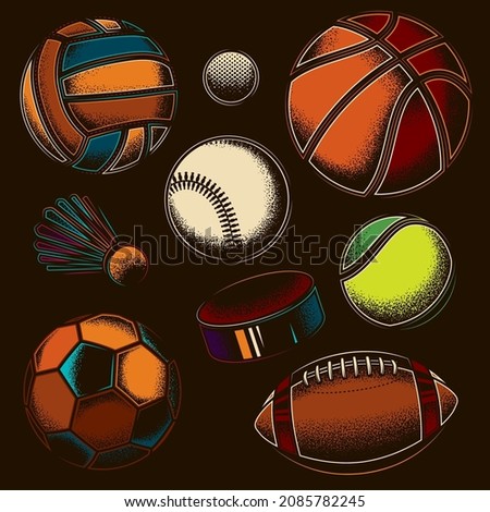Original vector sports set. Baseball, Volleyball, Hockey, Badminton, Basketball, American football, Soccer, Tennis.