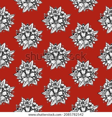 Original vector seamless pattern in vintage style. White flowers with a black outline on a red background. A design element.