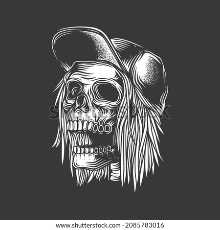 Original monochrome vector illustration in vintage style. A skull with an open mouth, a baseball cap, and long hair.