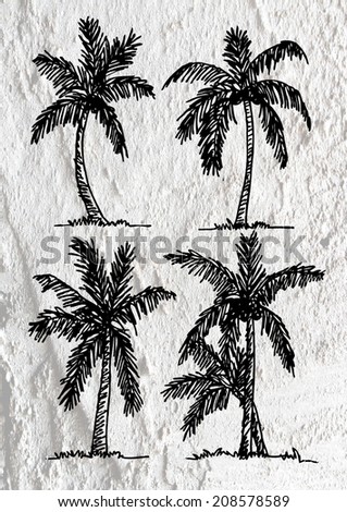 illustrations silhouette of  palm trees  with leaves  on wall texture background design