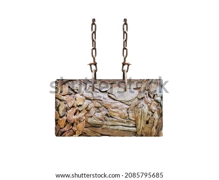 Single wood sign with steel chain hanging isolated on white background , clipping path