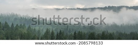 Mountain taiga, a wild place in Siberia. Coniferous forest, morning fog, panoramic view. Royalty-Free Stock Photo #2085798133