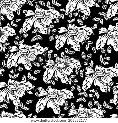 Seamless doodle floral pattern. Black and white