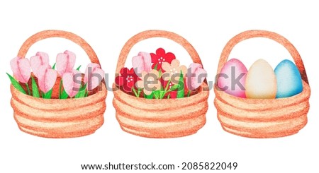 Easter baskets.Tulips, flowers, eggs.Watercolor vintage illustration.Isolated on a white background.