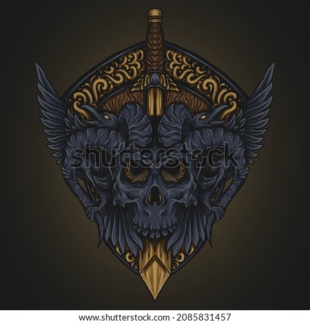 artwork illustration and t shirt design devil skull and sword engraving ornament
