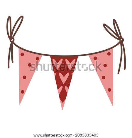 Bunting. Hand drawn cute pink garland on a rope. Triangular banners with hearts, polka dots. Romantic flag, flat clip art for valentine's day, wedding, party, celebration. Festive vector icon