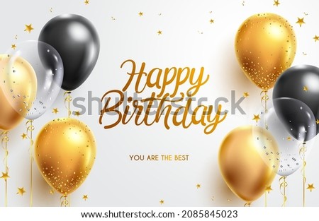 Birthday greeting vector background design. Happy birthday typography text with elegant gold black balloons and golden confetti for birth day celebration card. Vector illustration.

