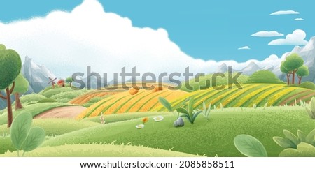 illustrated landscape with green hills and trees Royalty-Free Stock Photo #2085858511