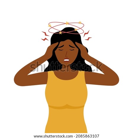 Sick African woman having dizzy symptom in flat design on white background. Black female feeling vertigo. Dizziness illness.