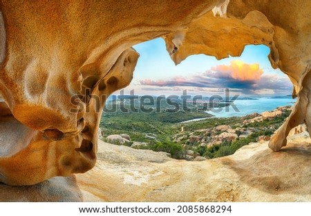 Fabulous view on Palau  from popular travel destination Bear Rock (Roccia dellâ€™Orso). Location: Palau, Province of Olbia-Tempio, Sardinia, Italy, Europe Royalty-Free Stock Photo #2085868294
