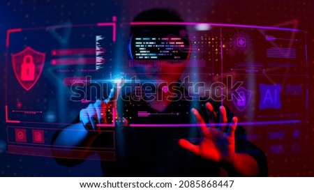 Young man wearing VR goggles. Metaverse technology virtual reality concept. Virtual Reality Device, Simulation, 3D, AR, VR, Innovation and Technology of the Future on Social Media. Royalty-Free Stock Photo #2085868447
