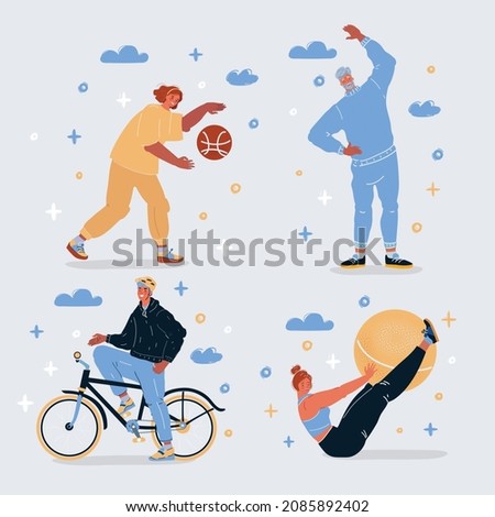 Cartoon vector illustration of Sport and leisure people activities icons set isolated. Woman and woman play basketball, doing exersice, ride bike,