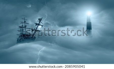 Flying old ship in the stormy dark clouds with lightning and magnificent lighthouse in the background