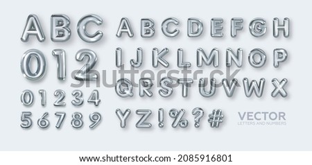 Set of silver letters of the English alphabet. And a set of numbers. Alphabetical font. Bright metallic 3D, realistic vector illustration