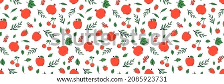 Fruit and berry seamless pattern. Garnet, strawberry and apple. Color illustration in hand-drawn style. Vector repeat background