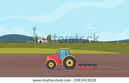 Tractor plowing the field. Rural farm landscape with green fields on background. Agriculture concept. Farm Machine. Side view of modern tractor with plow. Vector illustration Royalty-Free Stock Photo #2085943828
