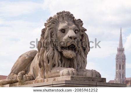 Lion statue on Chain Bridge in Budapest, Hungary Royalty-Free Stock Photo #2085961252