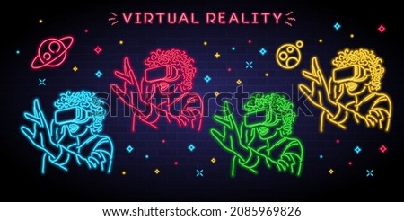 Virtual reality and meta verse with neon light glowing vector illustration. Future technology neon symbols Royalty-Free Stock Photo #2085969826