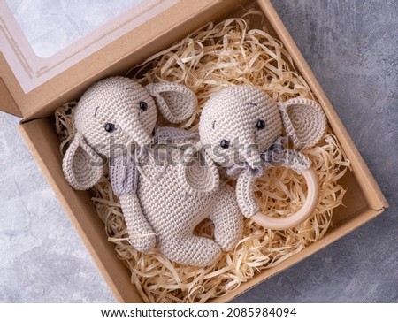 Handmade crocheted elephant set, toy and rattle, amigurumi.