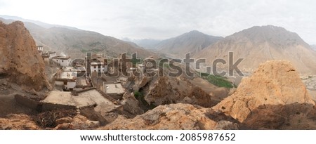 Dhankar village on a high cliff overlooking the confluence of Pin Rivers and Spiti Valley near Buddhist temple Dhankar Gompa at Himachal Pradesh, India. Landscape photography