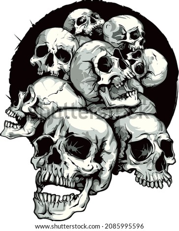 A bunch of skulls fall out of a black hole. Vector illustration. Suitable for a tattoo, logo, t-shirts, rock bands...