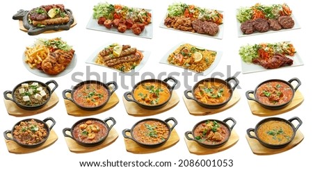 Collection of 18 cooked Indian dishes. Isolated on white Royalty-Free Stock Photo #2086001053