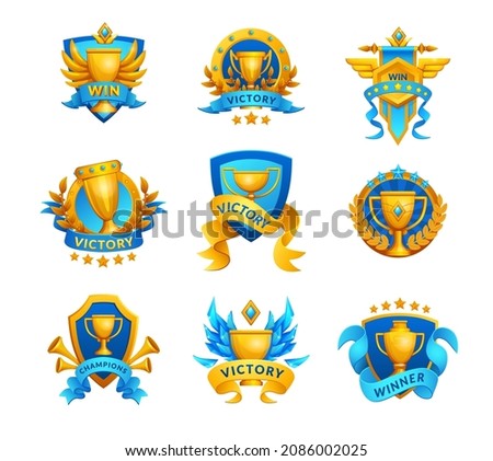 Champ emblem. Golden cup trophy badge. Sport competition or first place special achievement prize. Championship winning signs with gold rewards and ribbons. Vector victory award logo set Royalty-Free Stock Photo #2086002025