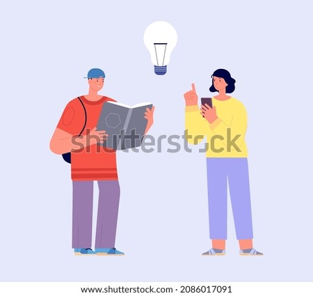Information finding. Books or digital technologies. People read book and using smartphone. Traditional modern study concept. Media and public resources, find solution, vector characters