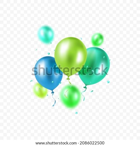 Realistic floating vector balloons isolated on transparent background. Design element green and blue colored balloons in glittering confetti for greeting card or party invitation.
