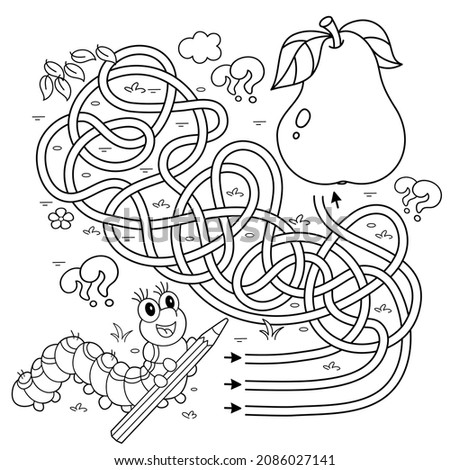 Maze or Labyrinth Game. Puzzle. Tangled road. Coloring Page Outline Of cartoon fun caterpillar with pear. Coloring book for kids.