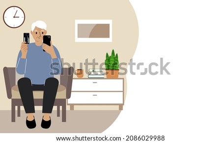 Grandpa holds a mobile phone in one hand and a plastic card in the other. An elderly man is learning to issue or use a bank card. Vector flat illustration