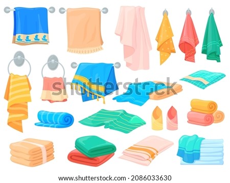 Cartoon bath towels. Cartoon fabric cloth for hand kitchen towel, blanket beach hotel spa laundry, shower textile washcloth hanging in bathroom, rolls folded stack, neat vector fabric fluffy Royalty-Free Stock Photo #2086033630